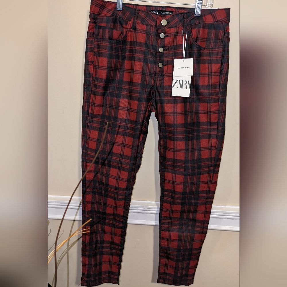 Zara Red and Black Plaid Skinny Pants